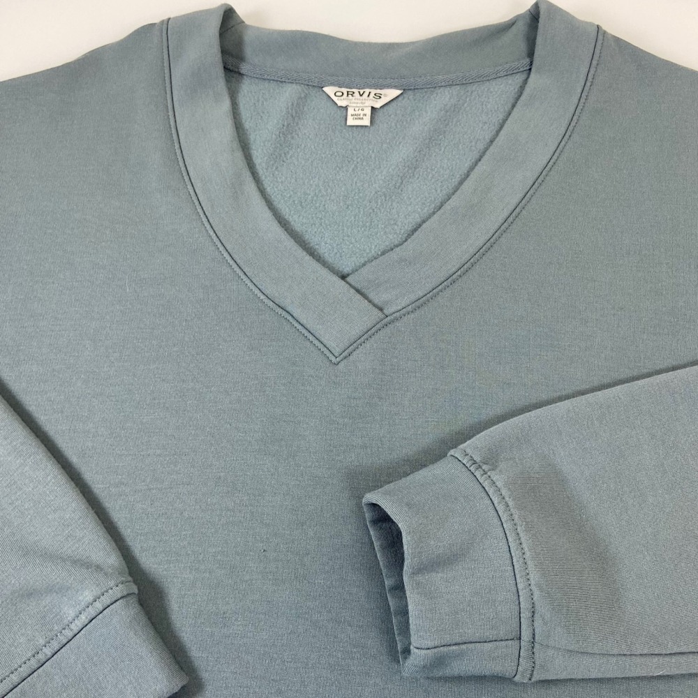 Orvis Women L Blue V-Neck Sweatshirt Soft Fleece Lined Classic Collection